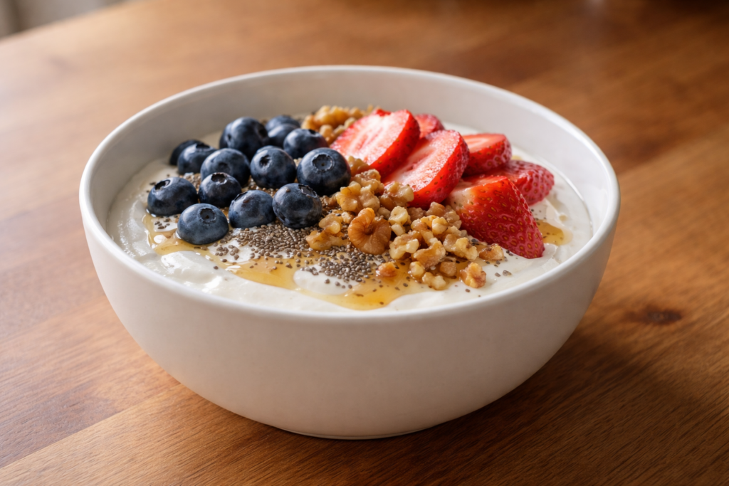Plant-based yogurt bowl with berries, chia seeds and walnuts