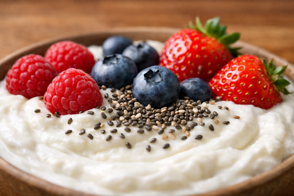 Close-up of plant-based yogurt bowl with chia seeds and berries