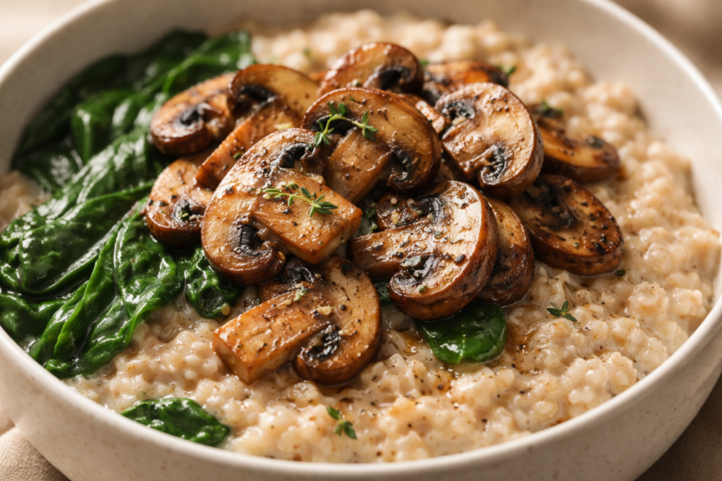 Close-up of savory oats with mushrooms