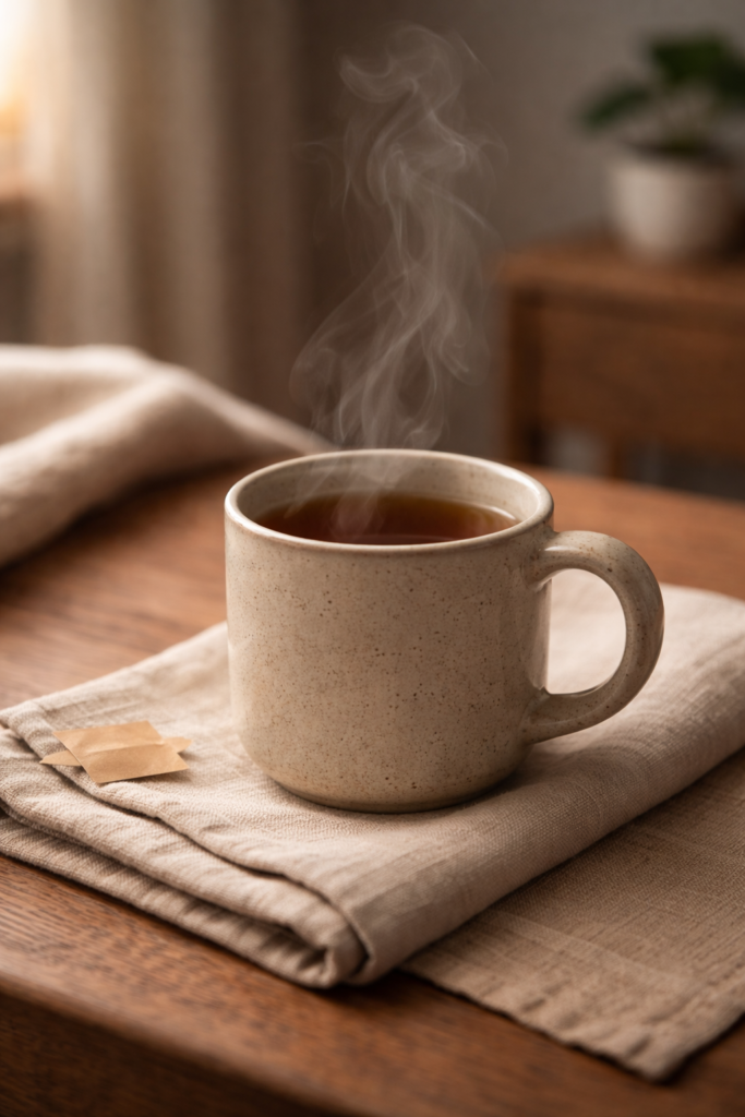 Simple hot tea in a ceramic mug with steam rising, warm light, cozy evening setting.