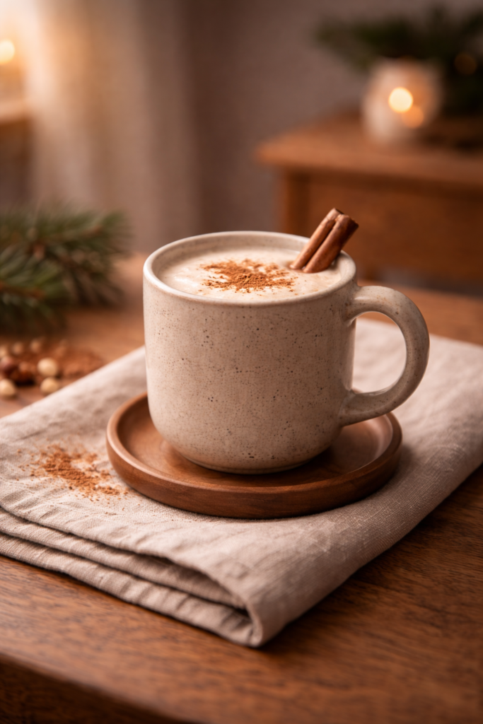 Simple winter drink in a ceramic mug on a table, soft warm light, cozy and comforting winter setting.