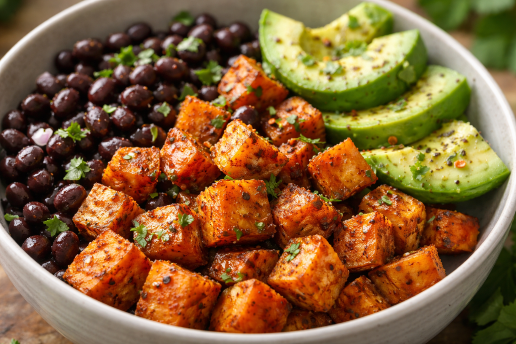 Close-up of warm sweet potato and black bean bowl