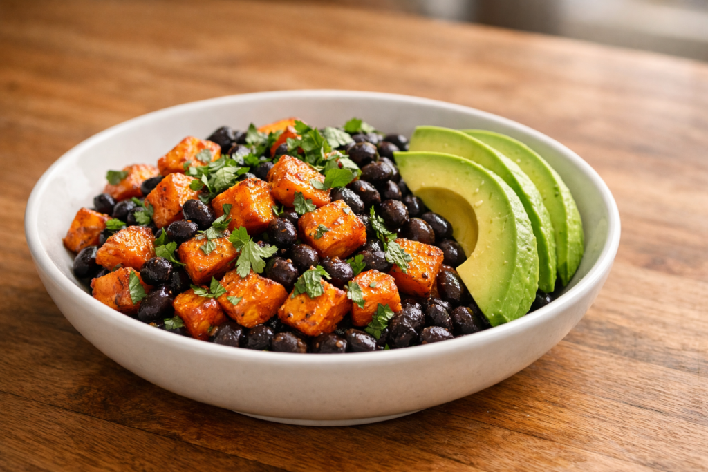 Warm sweet potato and black bean bowl with avocado