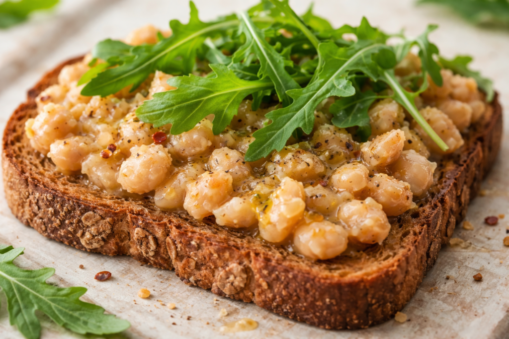 Close-up of white bean smash toast plate