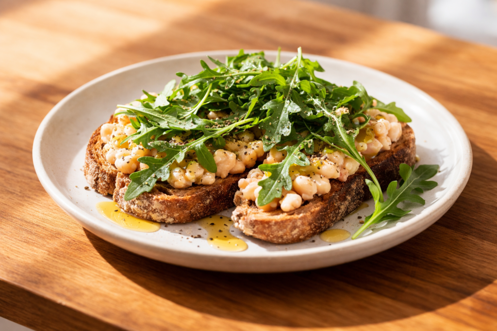 White bean smash toast plate with arugula