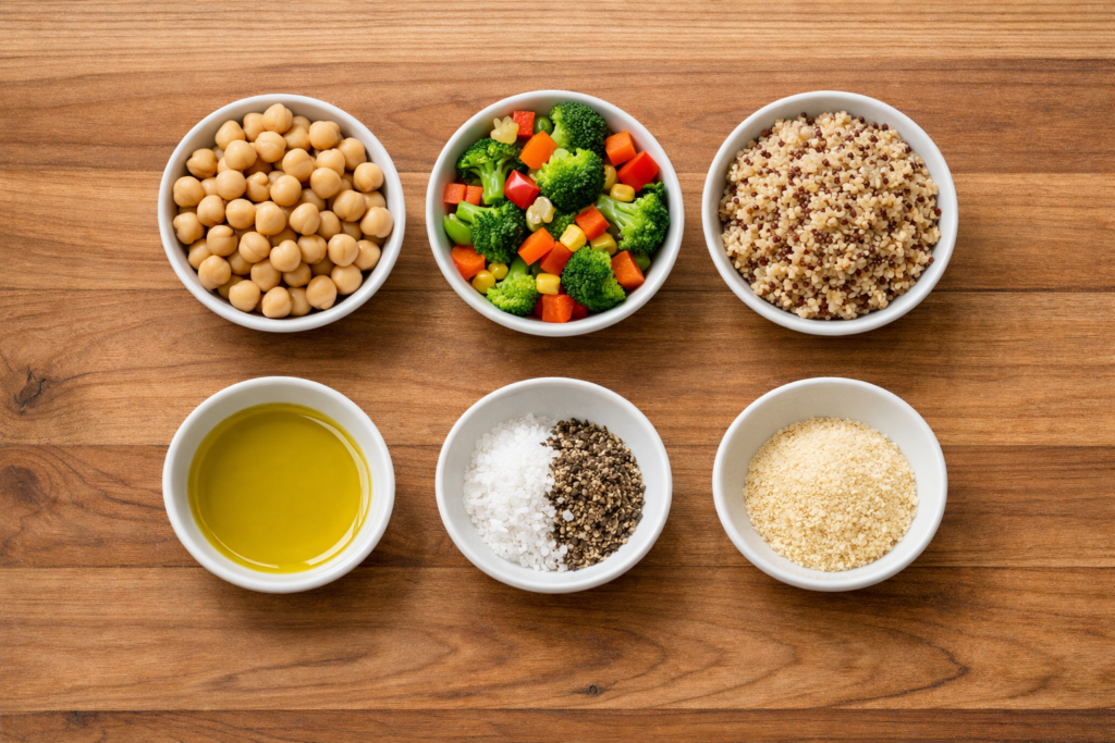 ingredients for a 3 part bowl arranged on a wooden countertop