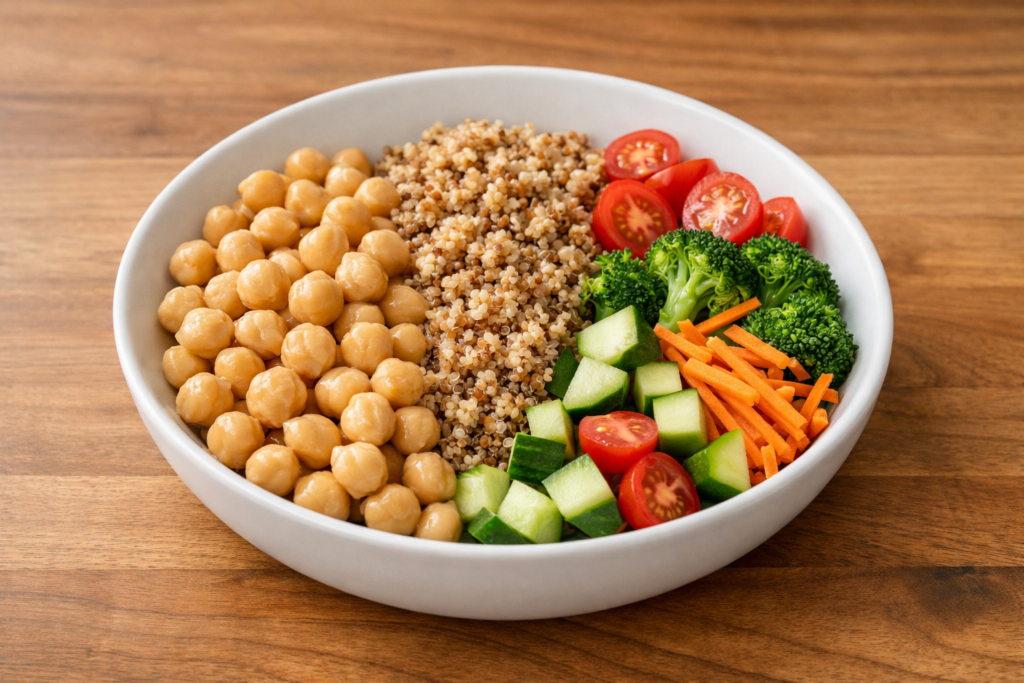 3 part bowl with chickpeas grains and vegetables on a wooden countertop in natural light