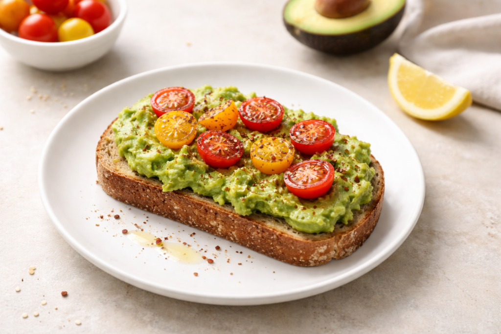 avocado toast breakfast with tomatoes on whole grain bread