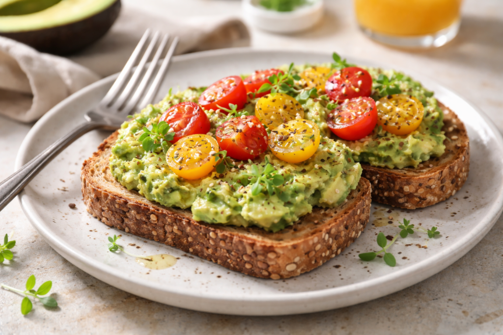 avocado toast breakfast with mashed avocado and tomatoes