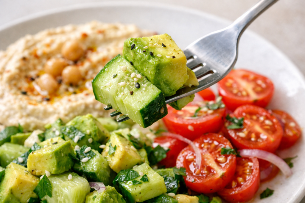 fork lifting avocado and cucumber from veggie lunch plate