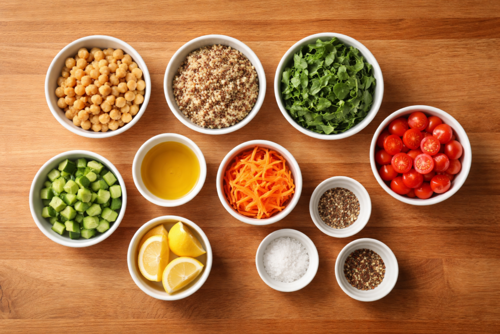 ingredients for a balanced plate arranged on a wooden countertop