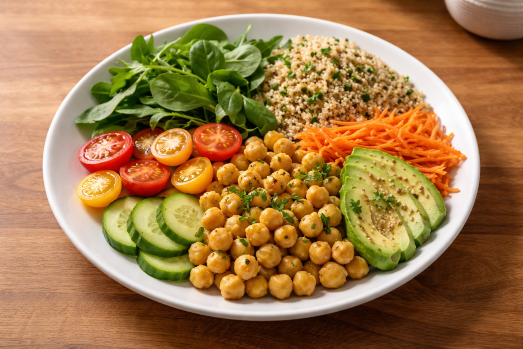 balanced plate with chickpeas greens and grains on a wooden countertop in natural light