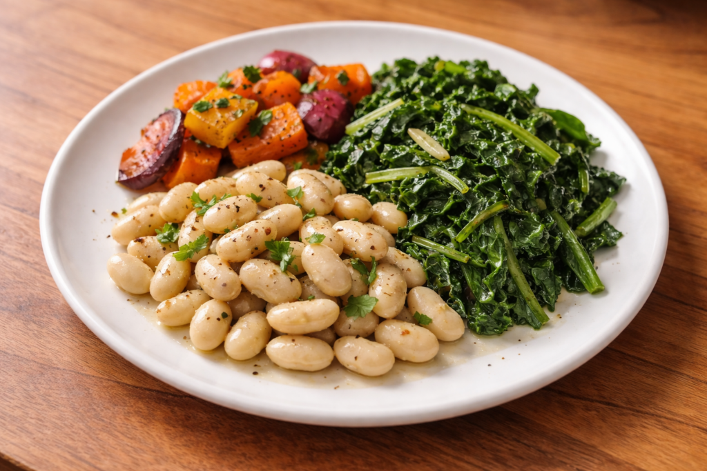 beans and greens plate with vegetables on a wooden countertop in natural light