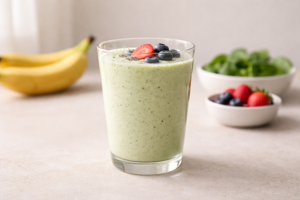 calm morning smoothie with banana spinach and yogurt in a glass