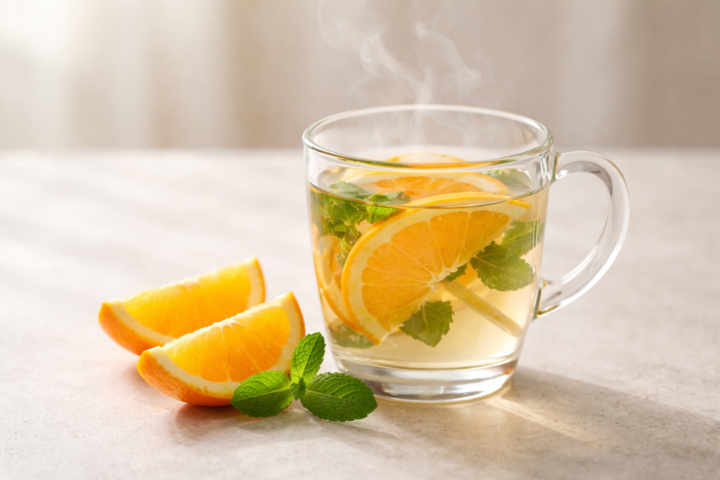 Warm mug of citrus herbal tea with orange slices and mint on a neutral surface