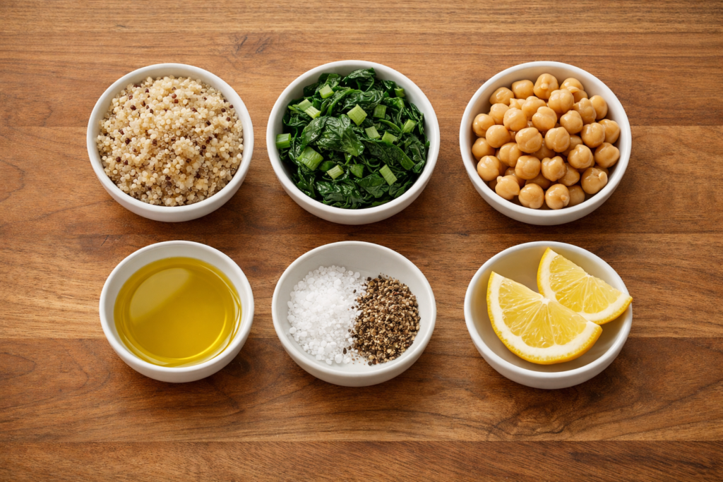 ingredients for a cozy spring meal arranged on a wooden countertop