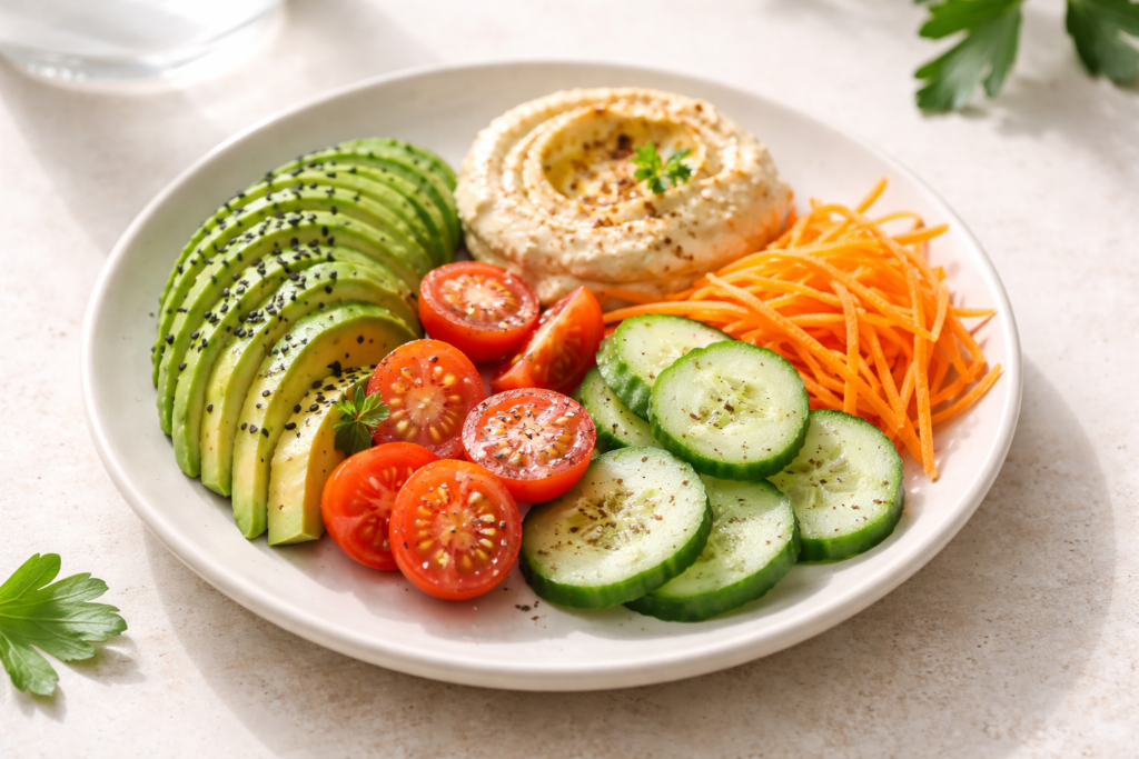 creamy avocado veggie lunch plate with cucumber tomatoes and hummus