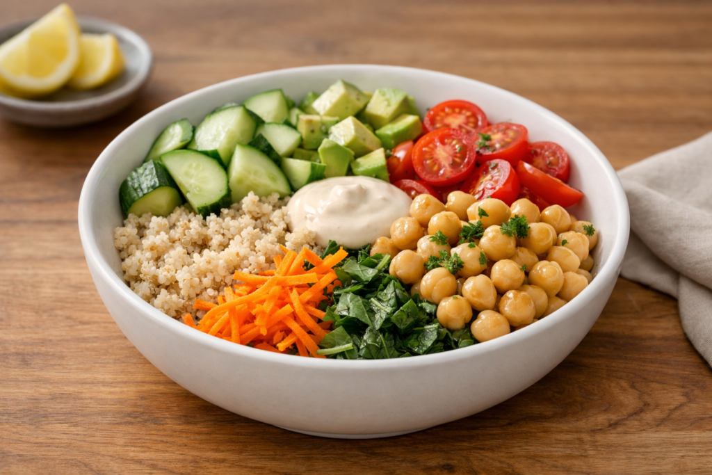easy midday meal bowl with chickpeas and vegetables on a wooden countertop in natural light