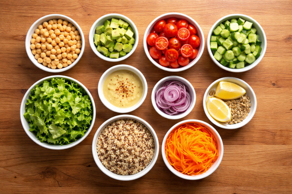 ingredients for an easy midday meal arranged on a wooden countertop