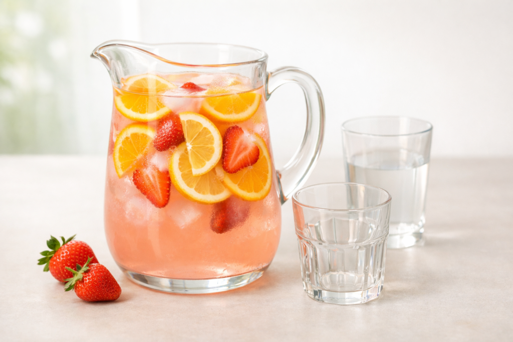 Glass pitcher of fresh fruit punch with citrus slices and strawberries