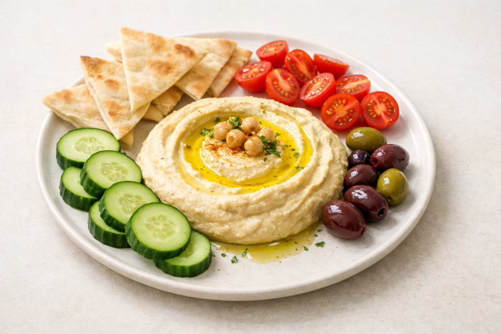 fresh Mediterranean hummus plate with cucumber tomatoes olives and pita