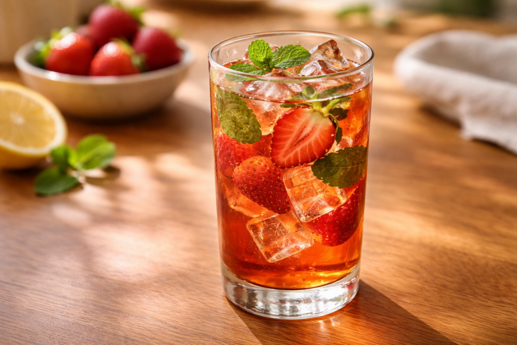 glass of fruit-infused tea with strawberries on a wooden countertop in natural light