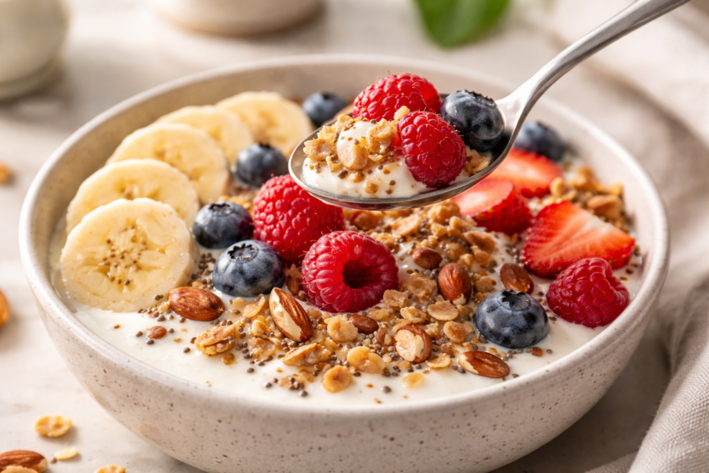 Spoon lifting yogurt with berries and nuts from breakfast bowl