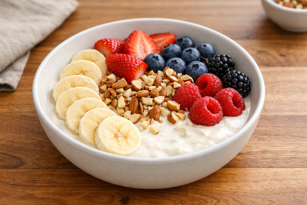 ingredients for fruit and nut morning bowl including fruit and chopped nuts