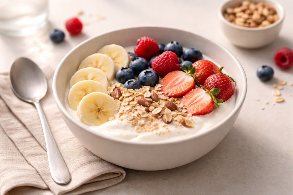 fruit and nut morning bowl with yogurt berries and almonds