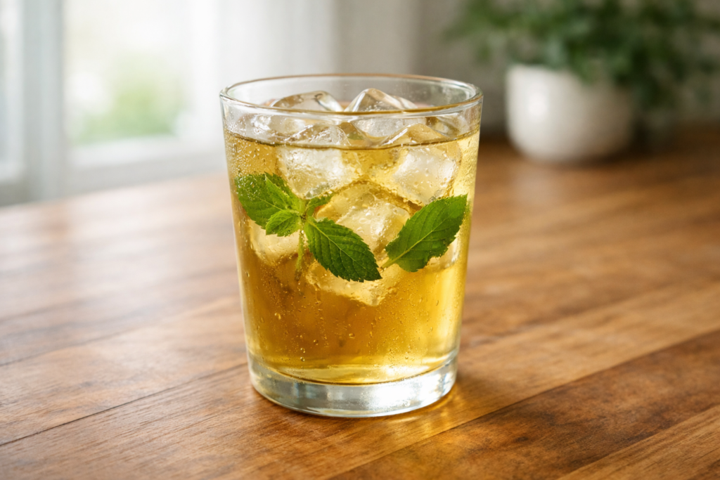 glass of herbal iced tea with mint on a wooden countertop in natural light