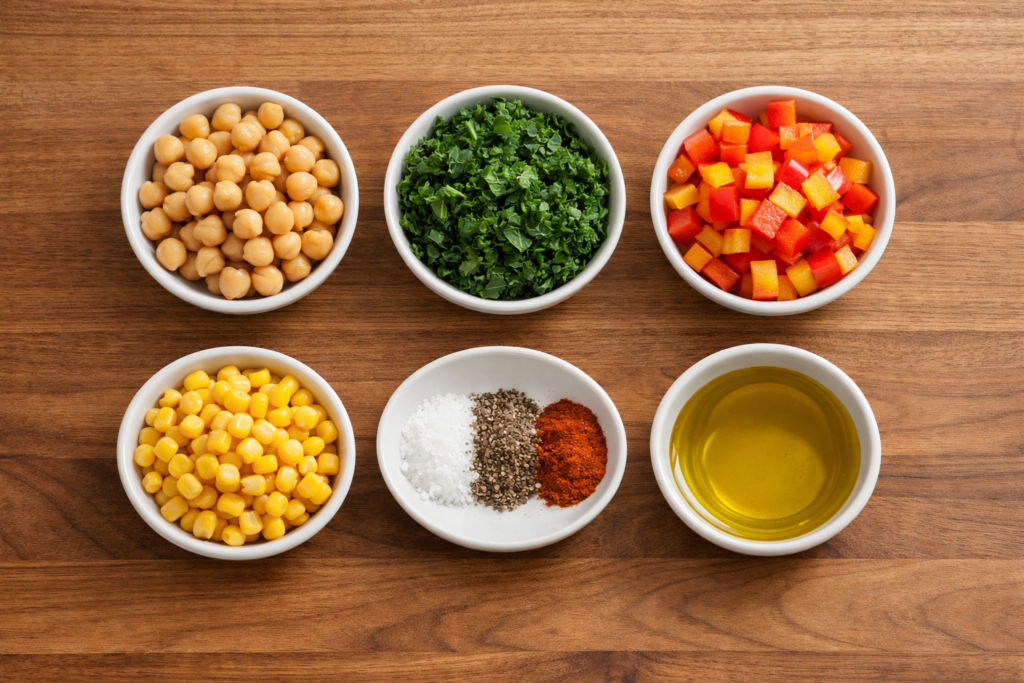 ingredients for chickpea veggie breakfast bowl including chickpeas kale peppers and corn