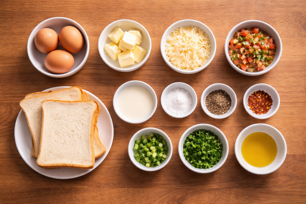 ingredients for french toast including eggs and bread