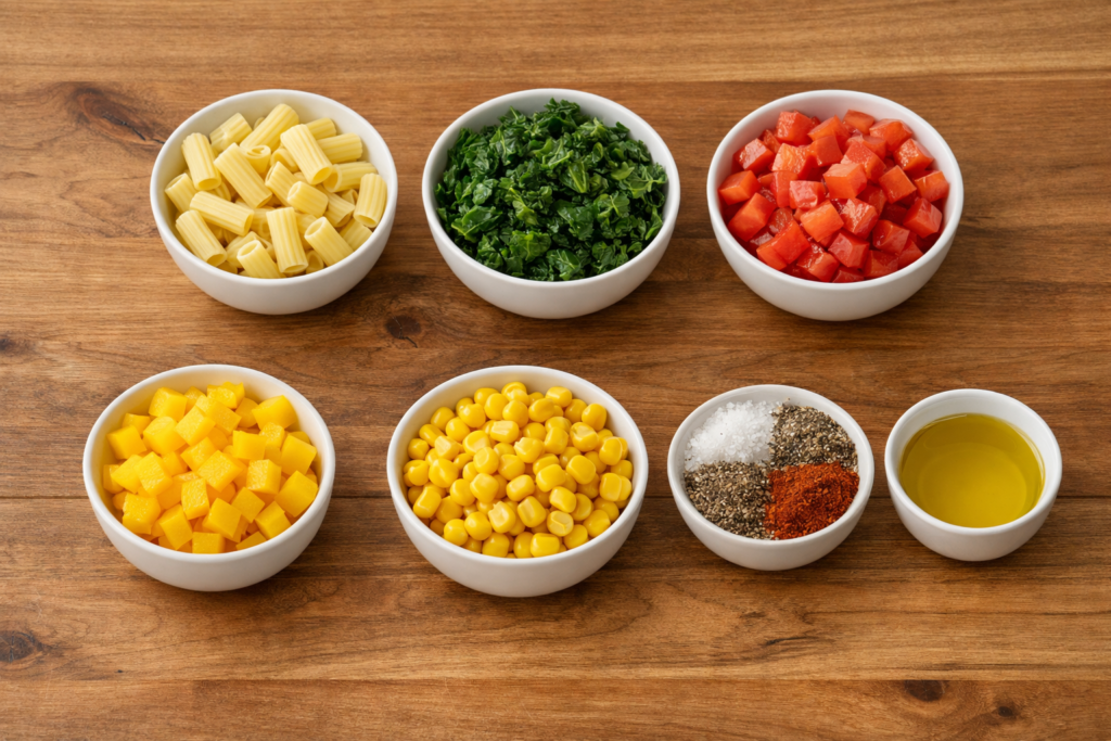 ingredients for savory veggie breakfast bowl including kale tomatoes peppers and corn