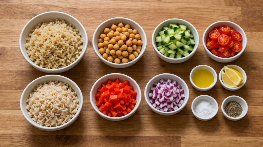ingredients for simple grain bowl including grains chickpeas and vegetables