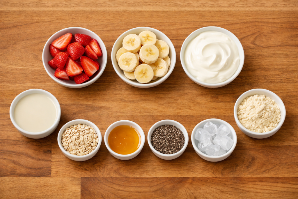 ingredients for strawberry banana morning smoothie including fruit