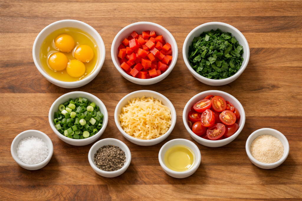 ingredients for veggie omelet including eggs and vegetables