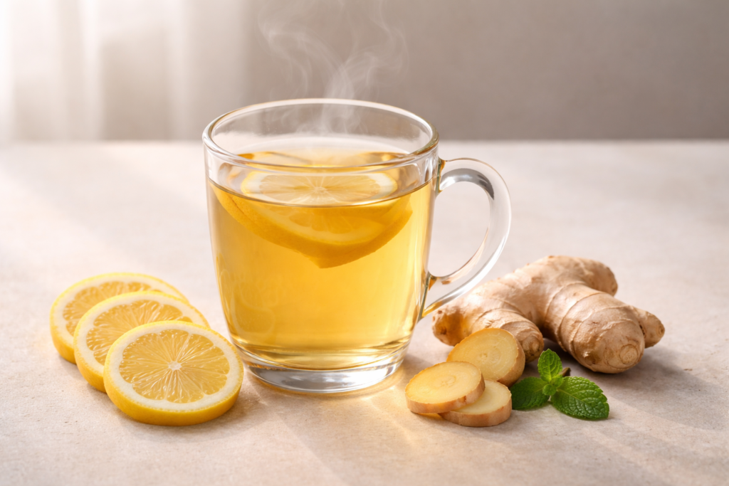 Warm mug of lemon ginger tea with fresh lemon slices and ginger on a neutral surface