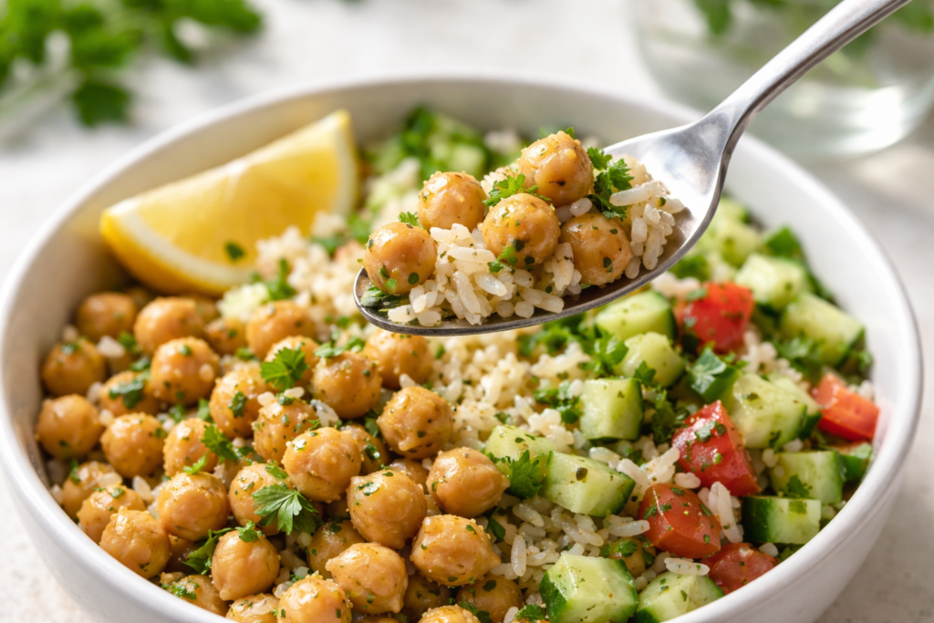 fork lifting chickpeas and rice from lemon herb chickpea bowl
