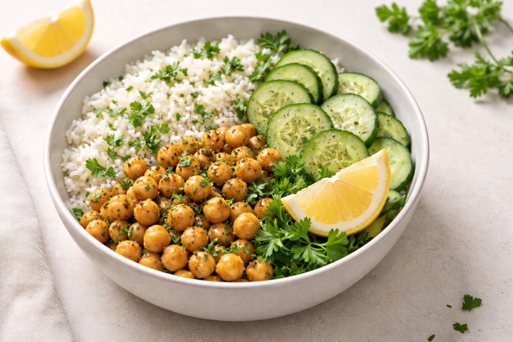 lemon herb chickpea and rice bowl with cucumber and parsley