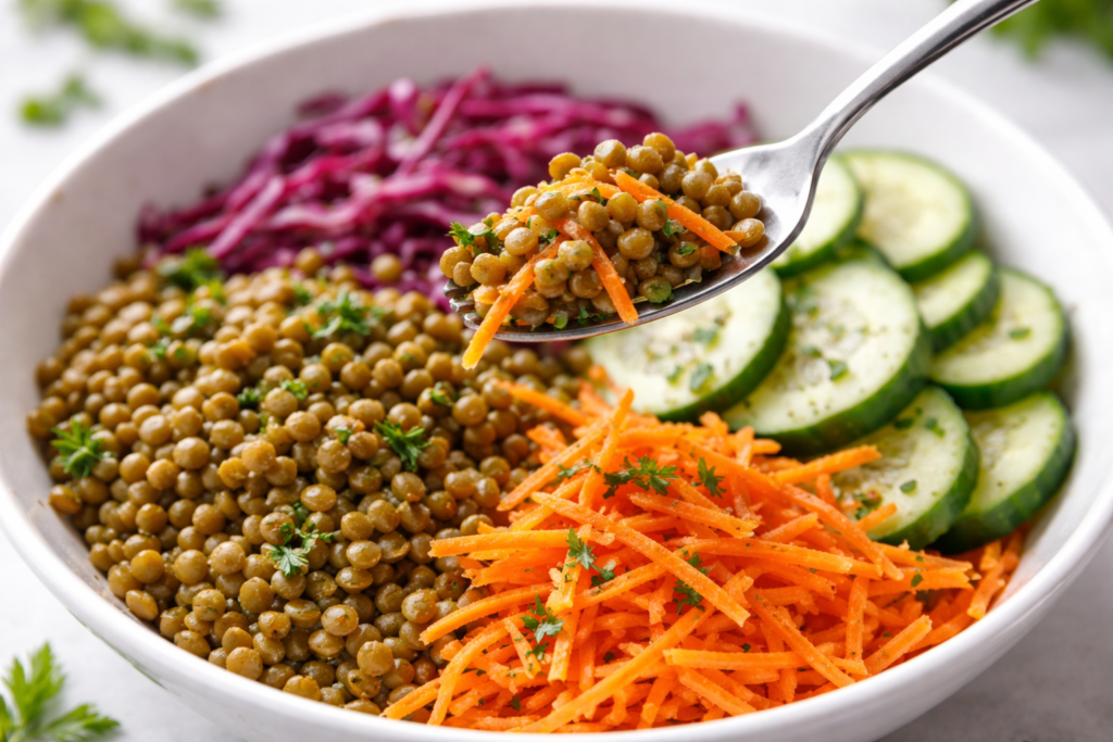 fork lifting lentils and shredded carrots from crunchy vegetable bowl