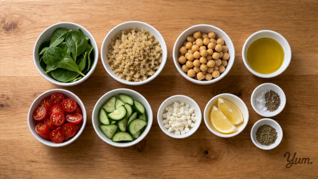 ingredients for a light comfort meal arranged on a wooden countertop