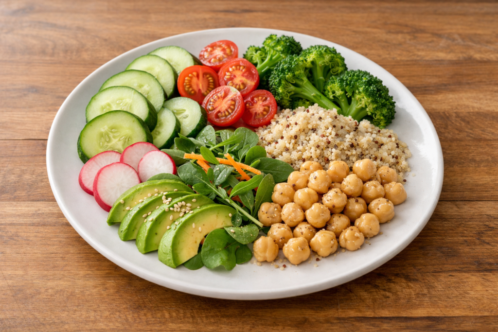 light comfort meal with vegetables grains and chickpeas on a wooden countertop in natural light