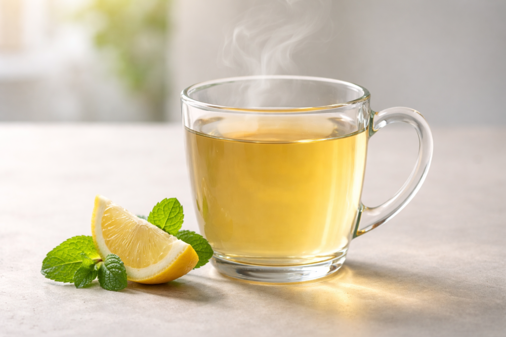 Clear glass mug of light herbal tea with mint leaves and lemon on a neutral surface