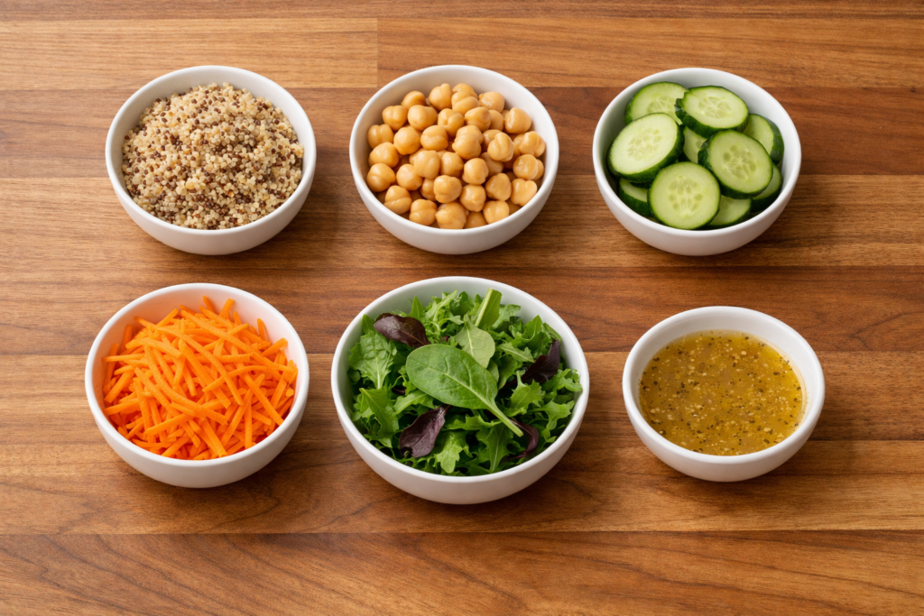 ingredients for a light but filling meal arranged on a wooden countertop