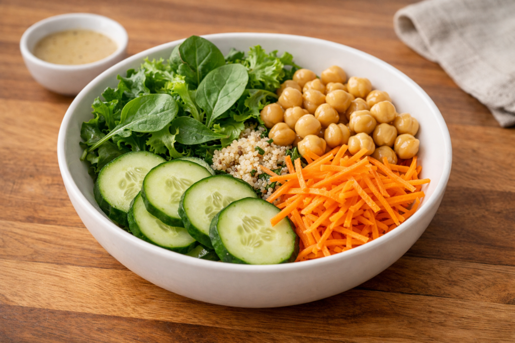 light midday meal bowl with greens and chickpeas on a wooden countertop in natural light