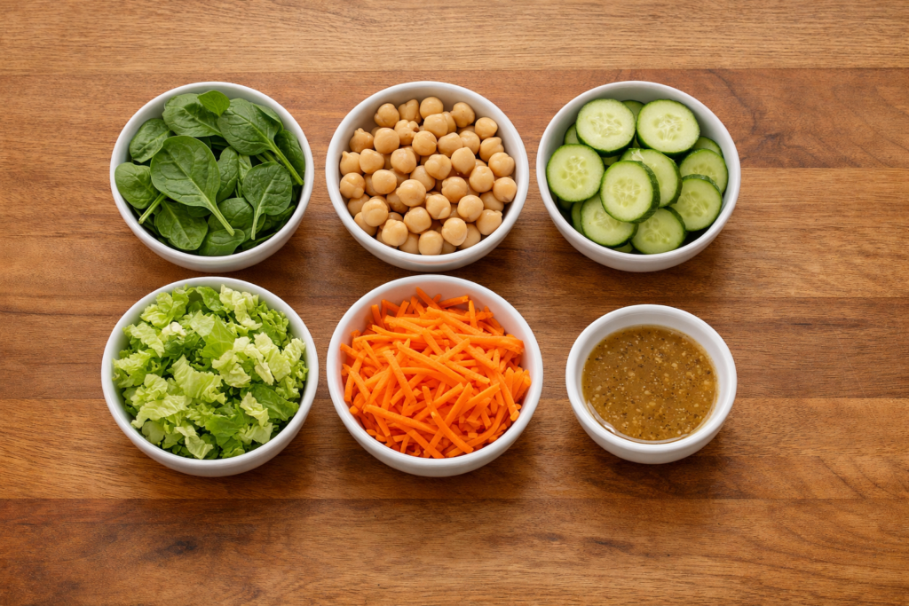 ingredients for a light midday meal arranged on a wooden countertop