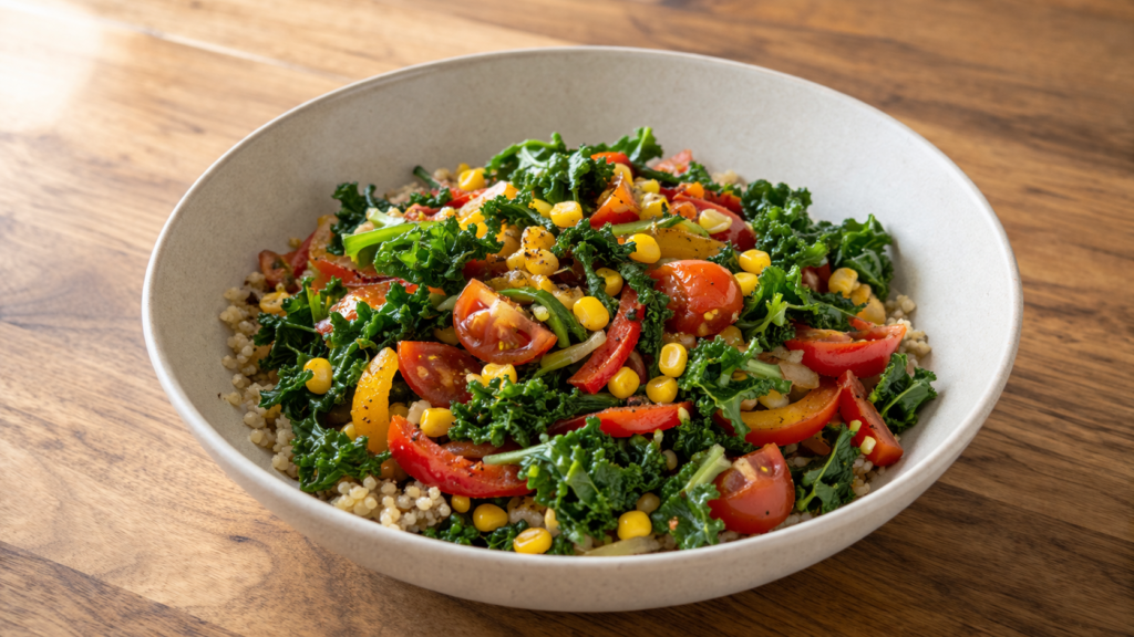 light savory veggie breakfast bowl with kale tomatoes bell peppers and corn