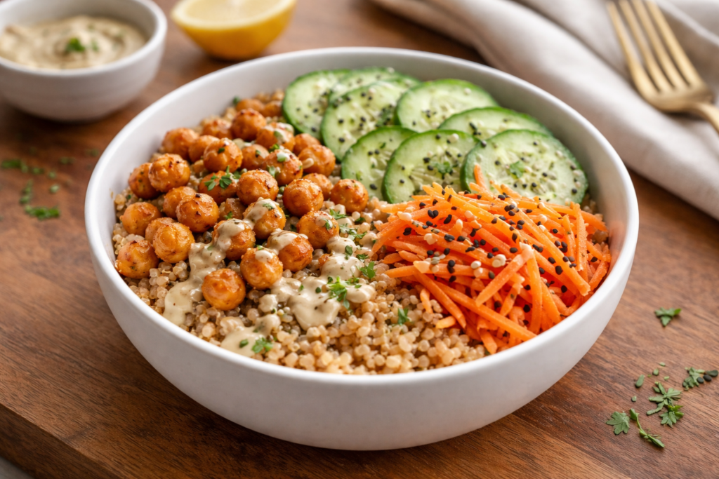 light but filling meal bowl with vegetables on a wooden countertop in natural light