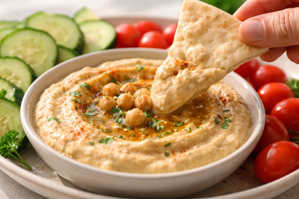 pita dipping into hummus on Mediterranean hummus plate