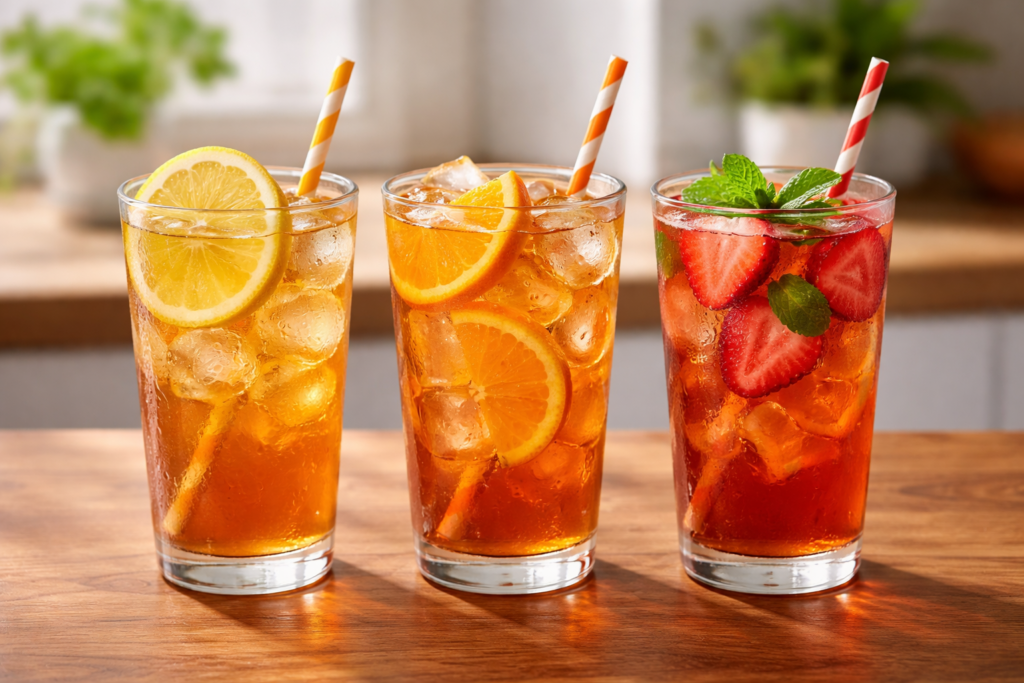 variety of iced tea glasses with different flavors on a wooden countertop in natural light